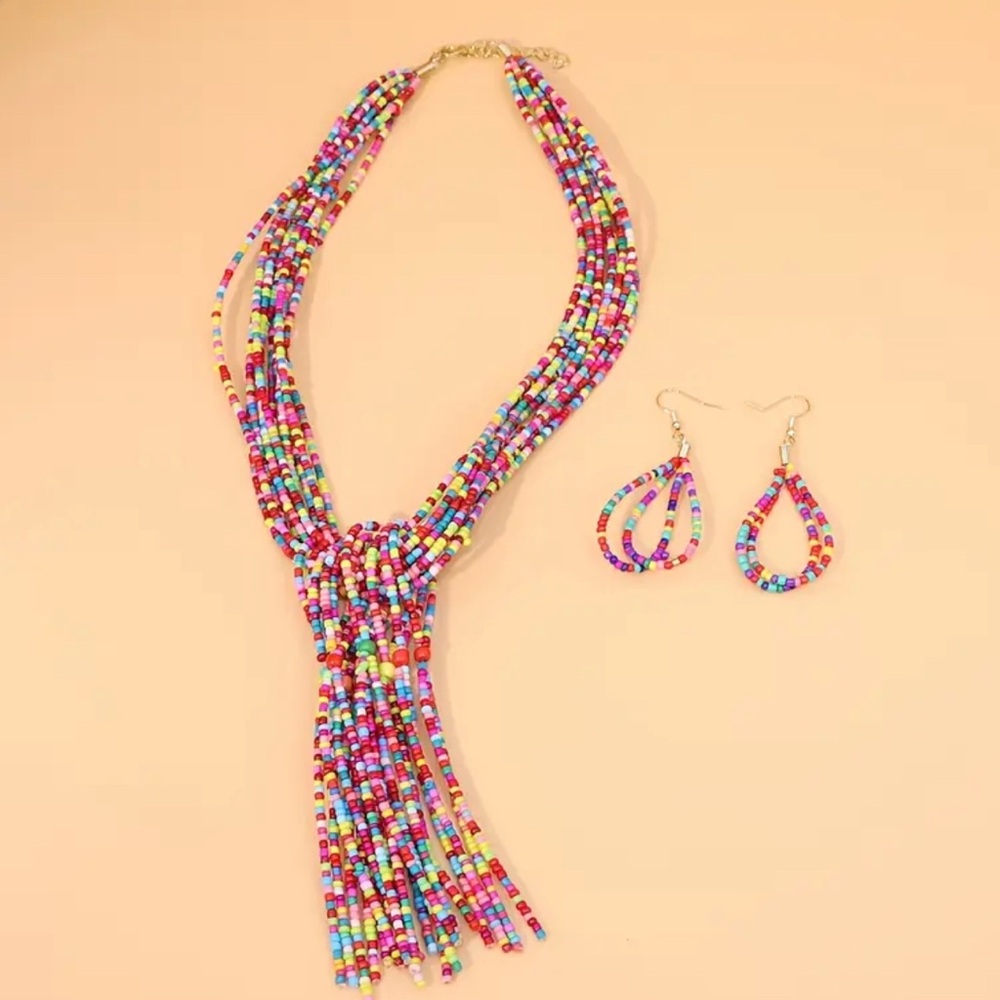 Colorful Beaded Scarf Necklace with Tassel Fringe - Picture 3 of 5